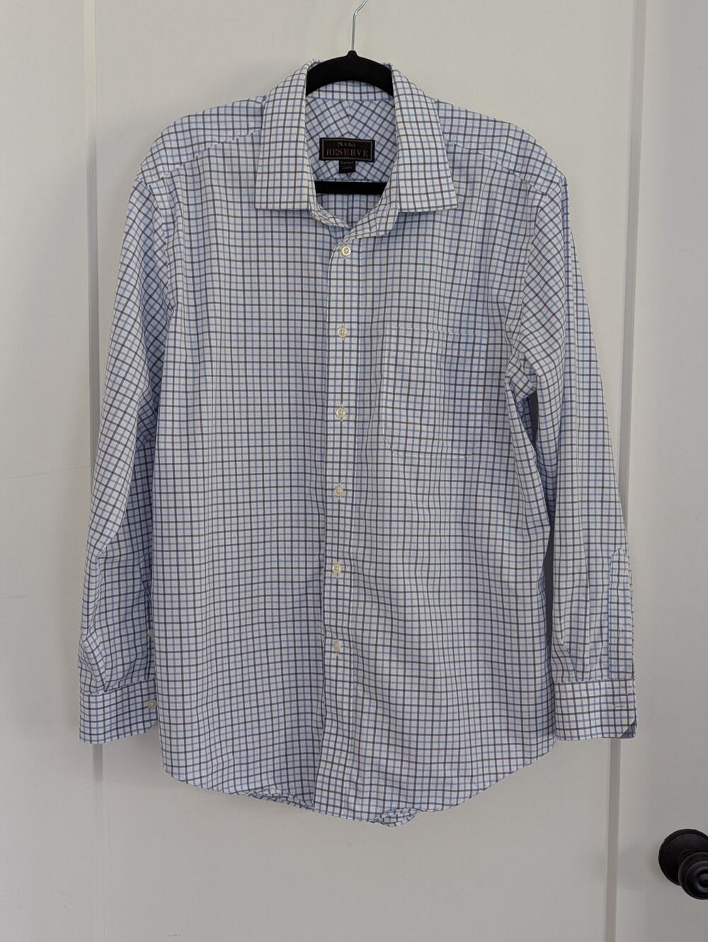 Jos A Bank Custom Fit Dress Shirt 17.5" 34 Blue Check Cotton EUC Business Office